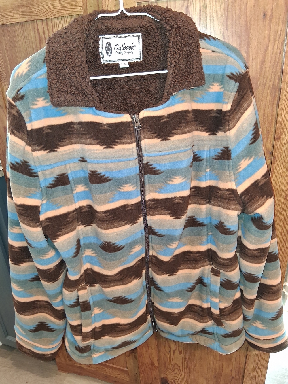 Outback Trading Company Women's Brown and Light Blue Sherpa Jacket Sz L